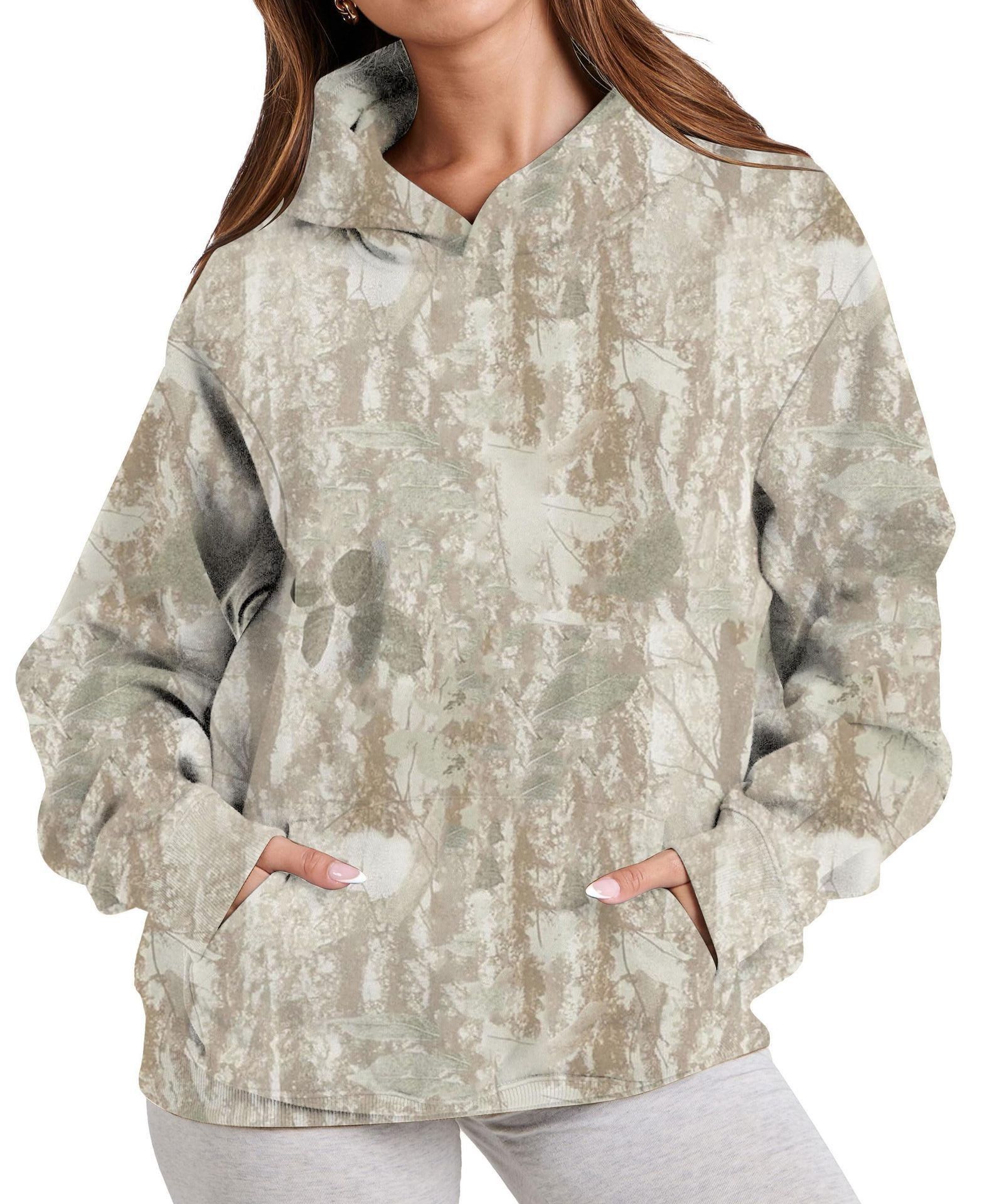 Women's Fashionable Printed Camouflage Maple Leaf Hoodie Top